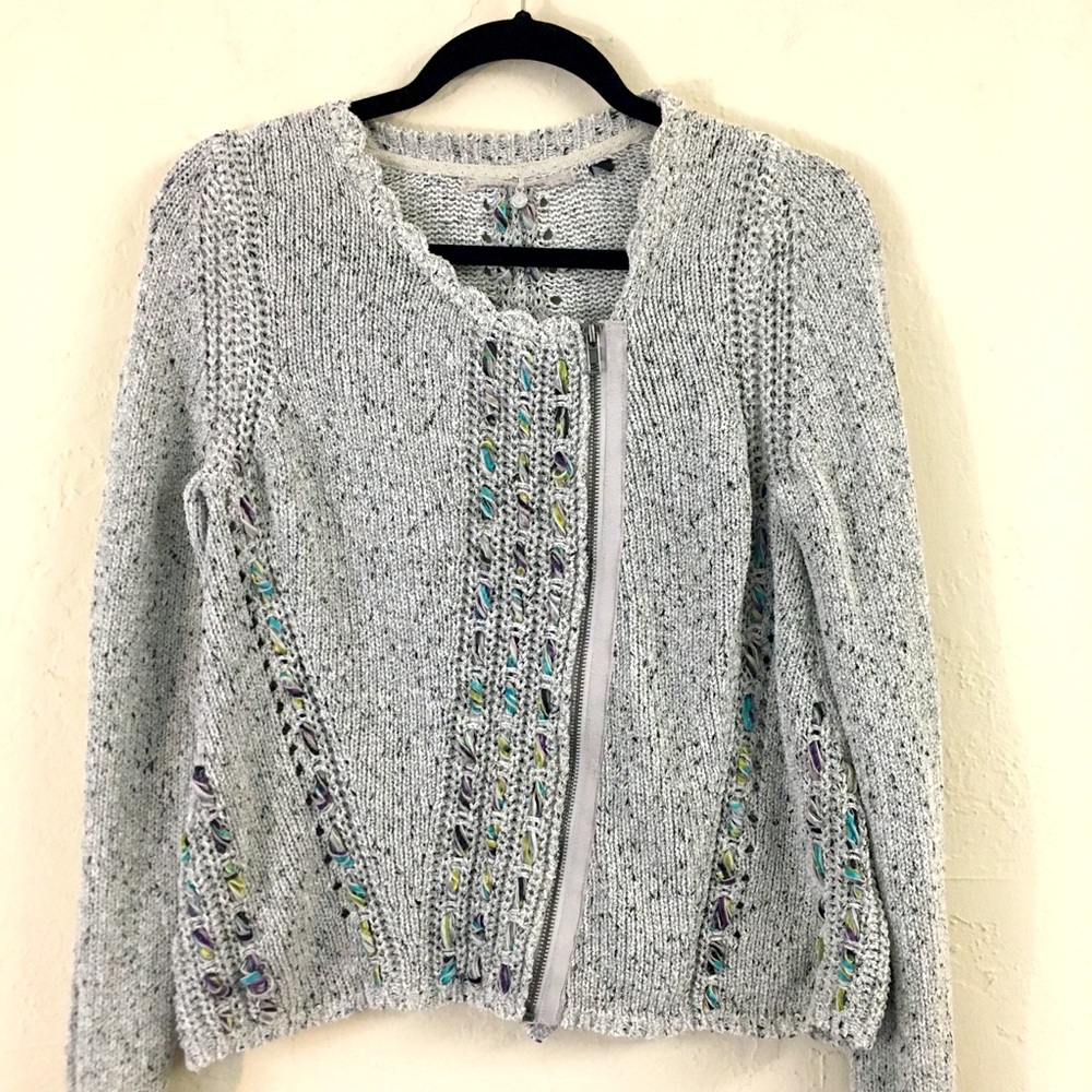 Anthropologie Knitted & Knotted Cardigan Sweater Medium Grey Purple Knit…